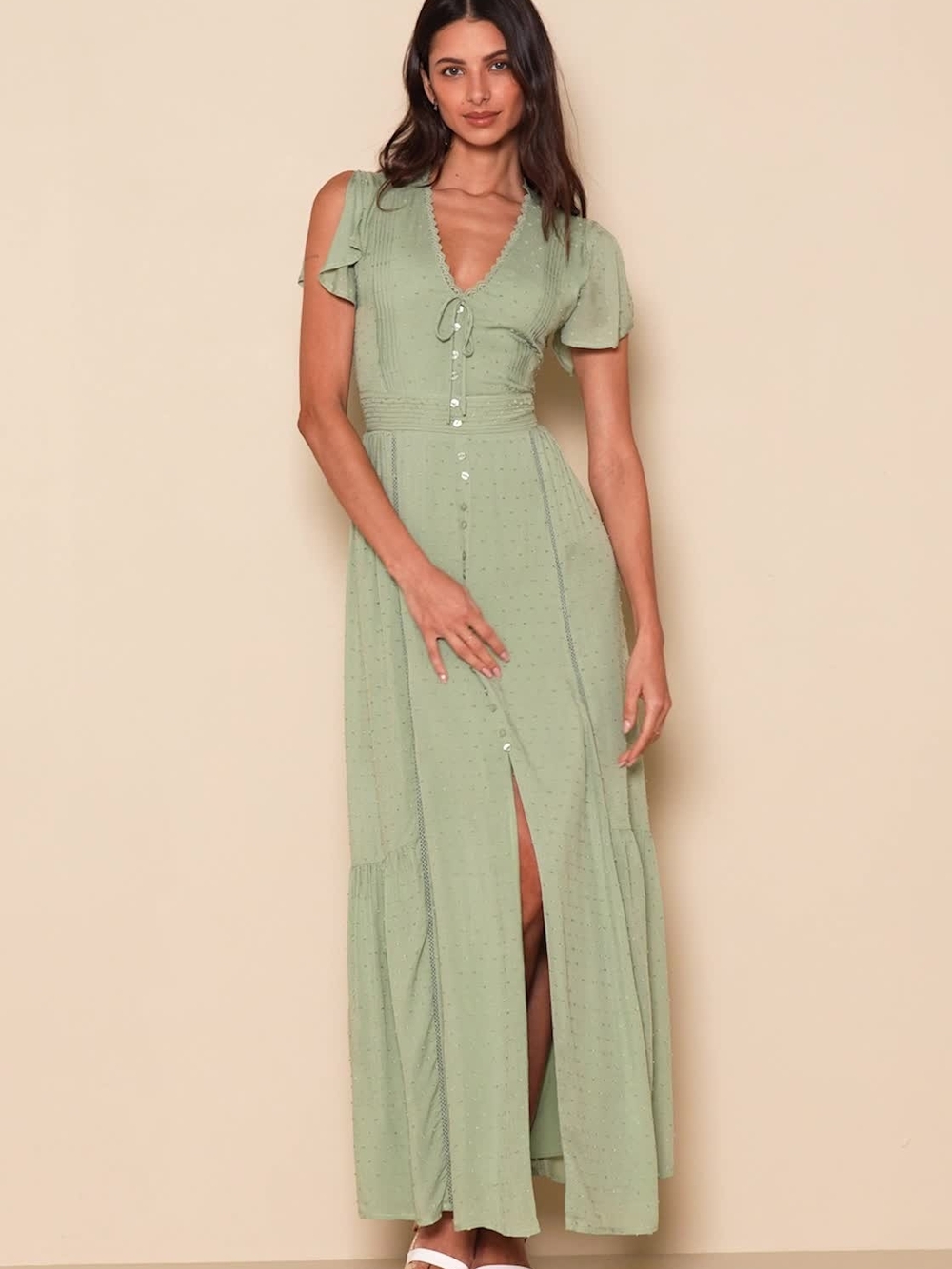 Lulu's Sage Green V-Neck Maxi Dress with Tie Front